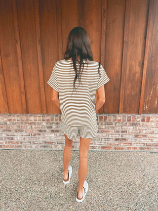 Brown and cream striped knit top and shorts set, alternate view