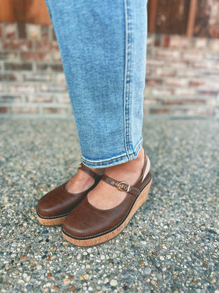 Corkys Pity Party Mary Jane wedge clog in cognac