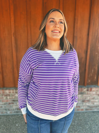 Striped Ribbed Banded Long Sleeve Top Violet