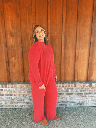 Rib Mock Neck Long Sleeve and Pants Set Ruby