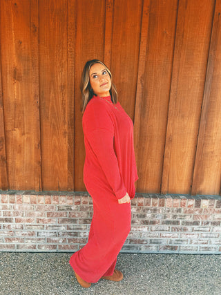 Rib Mock Neck Long Sleeve and Pants Set Ruby