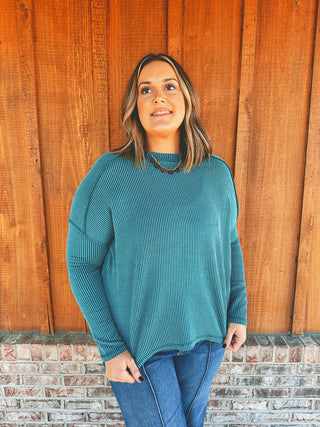 Rib Boat Neck Long Sleeve Top Teal
