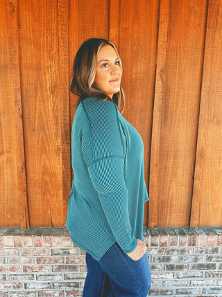 Rib Boat Neck Long Sleeve Top Teal