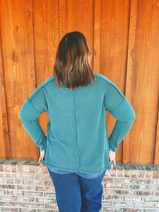 Rib Boat Neck Long Sleeve Top Teal