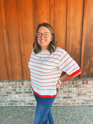 Viscose Stripe Short Sleeve Sweater Ruby