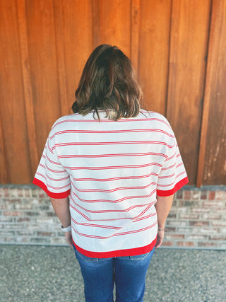 Viscose Stripe Short Sleeve Sweater Ruby