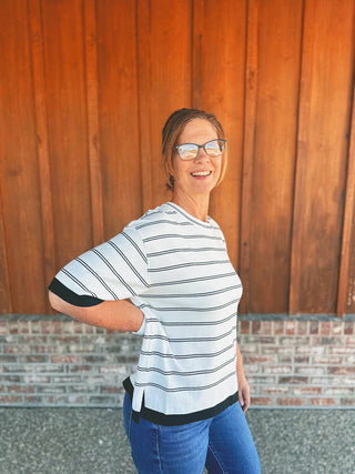 Viscose Stripe Short Sleeve Sweater Black