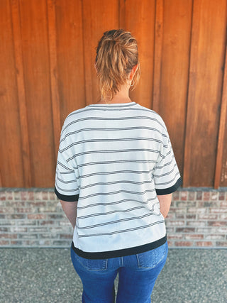 Viscose Stripe Short Sleeve Sweater Black