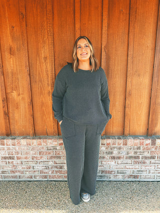 Rib Round Neck Pullover and Pants Set Charcoal