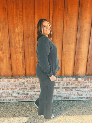 Rib Round Neck Pullover and Pants Set Charcoal