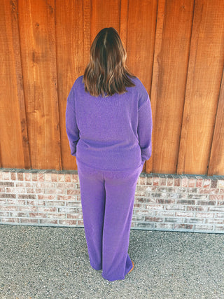 Rib Round Neck Pullover & Pants Set Violet