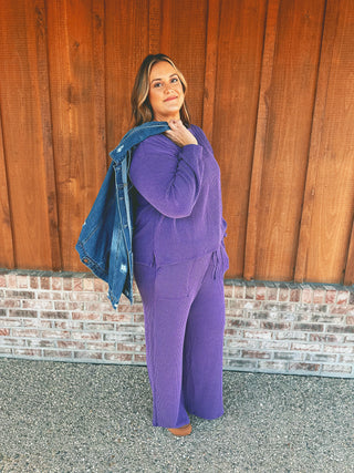 Rib Round Neck Pullover & Pants Set Violet