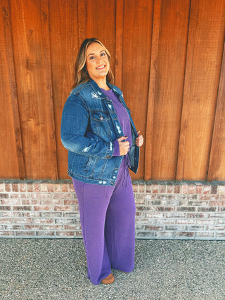 Rib Round Neck Pullover & Pants Set Violet