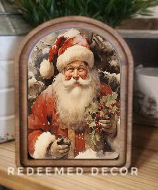 Arch Top Framed Art Santa w/Holly 6x8