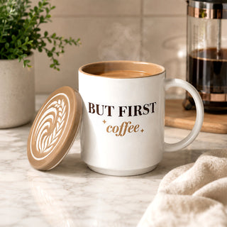 Pavilion Gift coffee-themed stoneware mug with ceramic coaster lid