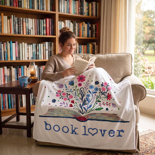 Pavilion Gift Book Lover royal plush blanket with printed book artwork