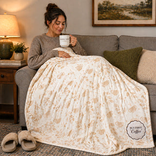 Pavilion Gift But First Coffee plush blanket with coffee print and embroidered patch