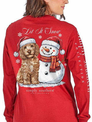 Simply Southern red long sleeve tee with Let It Snow dog and snowman graphic