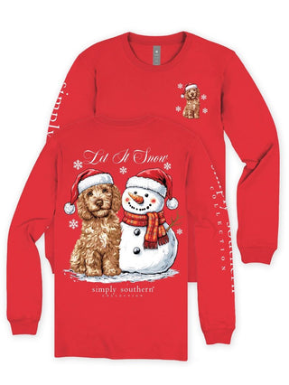 Simply Southern red long sleeve tee with Let It Snow dog and snowman graphic