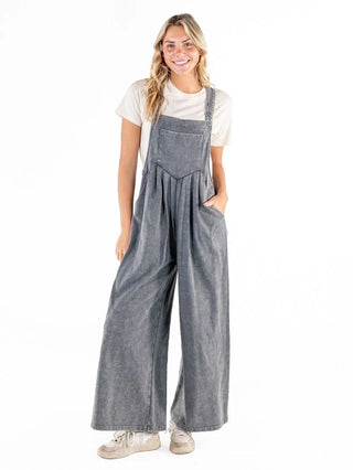 Simply Southern wide leg mineral wash overalls in black