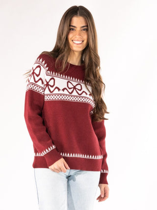 Simply Southern Bow Fair Isle Sweater Red