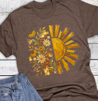 Boho Sun Floral Check Fall Graphic Tee Heather Brown