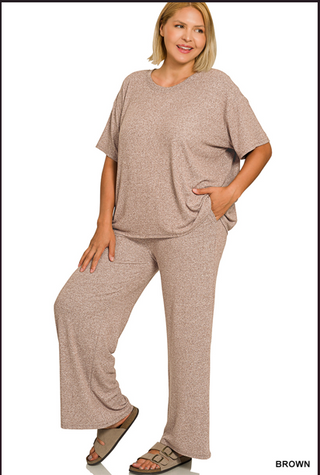 Zenana Plus Soft Melange Short Sleeve Tee and Long Pants Set Brown