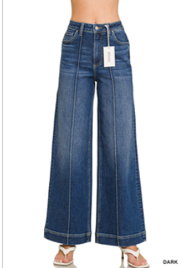 High Rise Wide Leg Pintuck Denim Pants