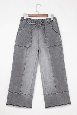 Drawstring Raw Hem Wide Leg Denim Gray
