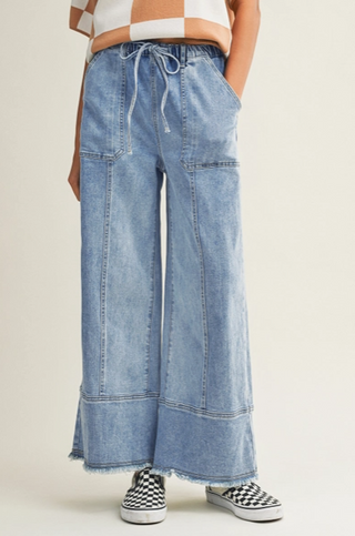 Drawstring Raw Hem Wide Leg Denim Beau Blue