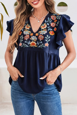 Ruffled Sleeve Floral Embroidered Babydoll Blouse