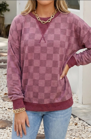 Plaid Print Twisted Ribbed Detail Long Sleeve Top