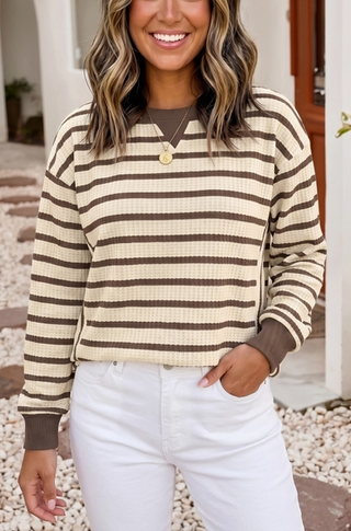 Striped Patchwork Ribbed Cuff Pullover Brown Stripe