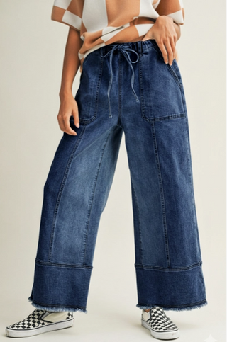 Drawstring Raw Hem Wide Leg Denim Prussian Blue