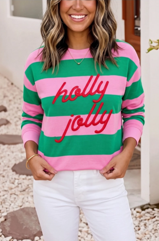Holly Jolly Embroidered Pink/Green Striped Pullover