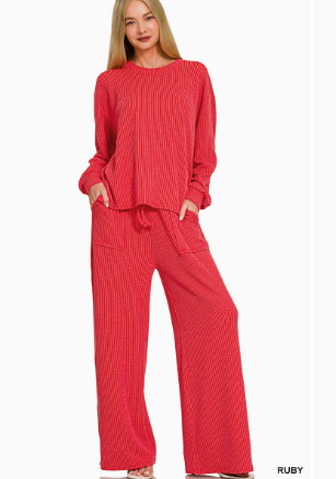 Rib Round Neck Pullover and Pants Set Ruby
