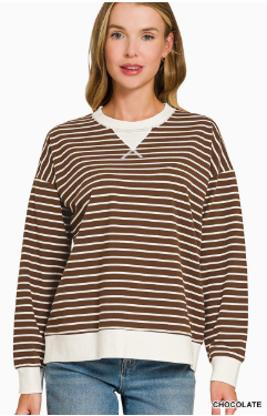 Striped Rib Banded Pullover Chocolate