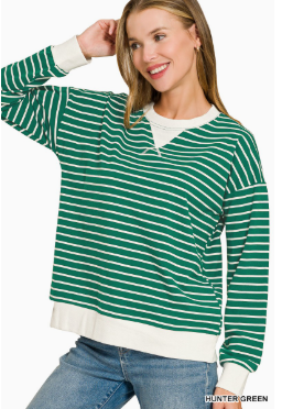 Striped Rib Banded Pullover Dk Green