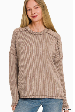 Rib Boat Neck Long Sleeve Top Mocha