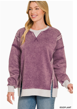 Fleece Contrast Trim Pullover Lt Eggplant