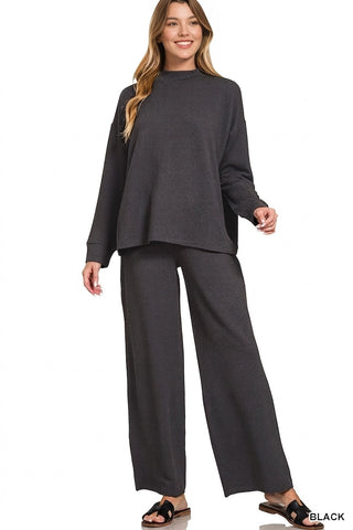 Zenana Raised Rib Mock Neck Long Sleeve Tee and Pants Set Black