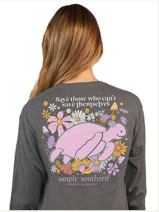 Simply Southern Save Long Sleeve Turtle Tracking Tee Charcoal