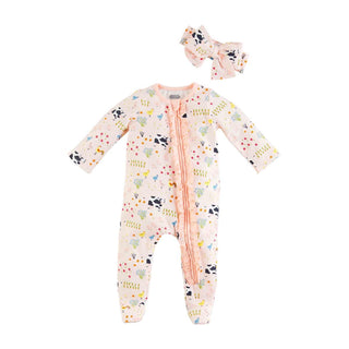Mudpie Pink Cow Sleeper & Headband Set 6-9M