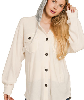 Zenana Brushed Ribbed Button Down Shacket Cream