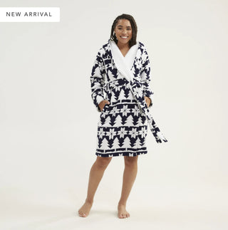 Cozy Life Jacquard Fleece Robe Nordic Forest Stripe Navy