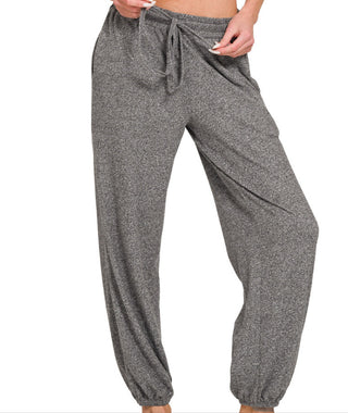 Zenana Soft Melange Hacci Tie Front Joggers Black