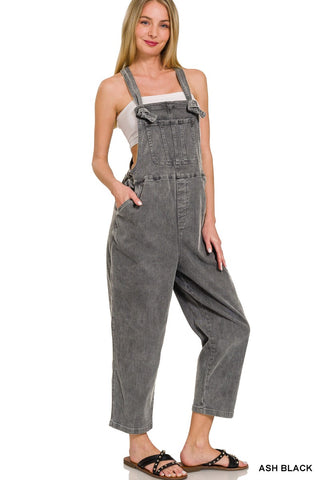 Zenana Washed Knot Strap Relaxed Fit Overalls Ash Black