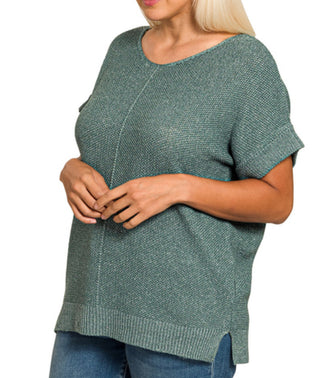 Zenana Center Seam Short Sleeve Sweater Ash Jade