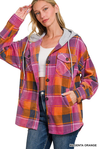 Zenana Plaid Fleece Shacket with Hood Magenta/Orange