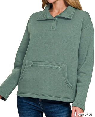 Zenana Fleece Half Snap Button Front Sweatshirt Ash Jade